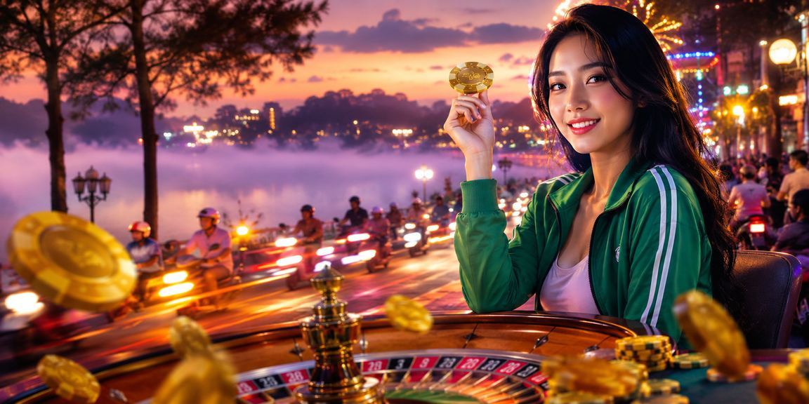 Bàn roulette neon sáng rực tại Đà Lạt — không khí casino hấp dẫn ban đêm